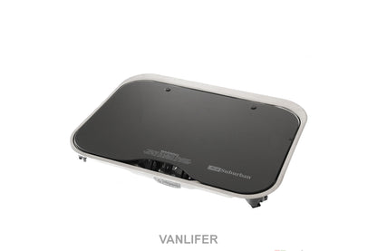 A gray Suburban 2 Burner Cooktop with Lighter, featuring a glass lid and center controls.