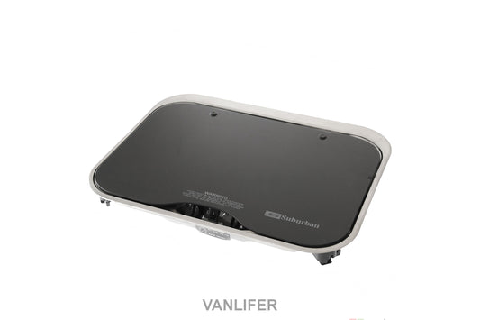 A gray Suburban 2 Burner Cooktop with Lighter, featuring a glass lid and center controls.