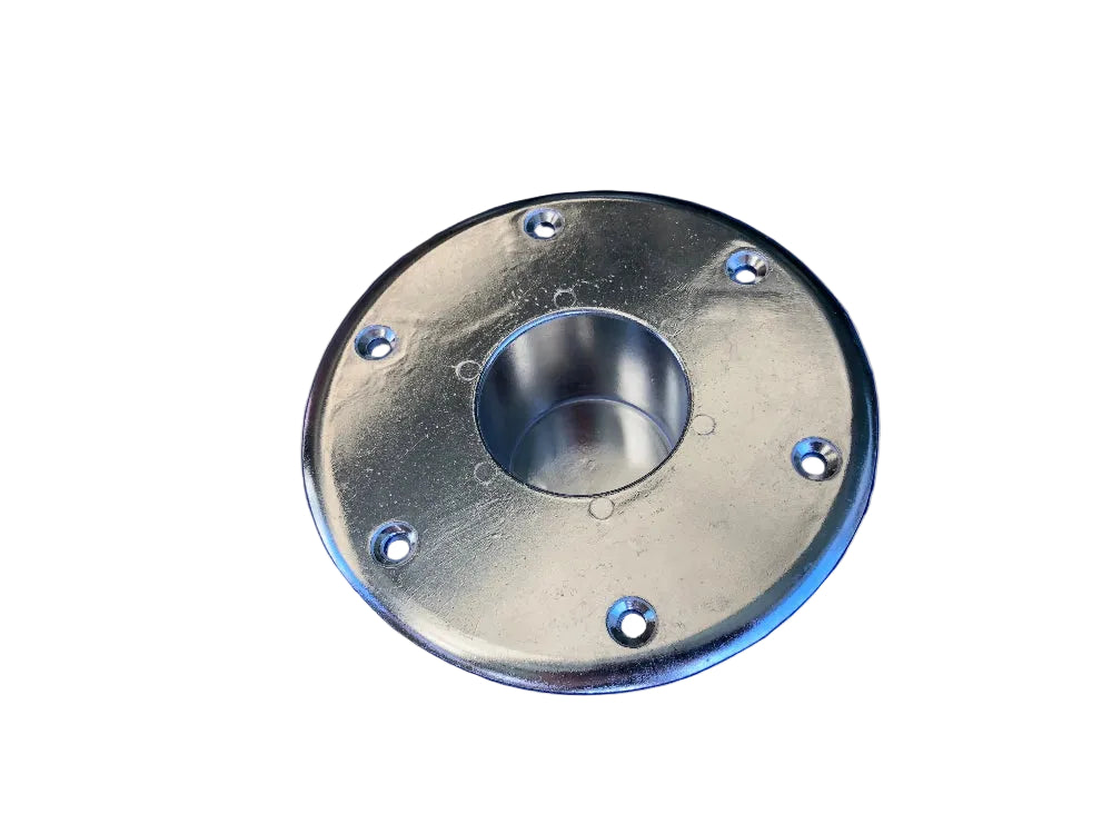 Metal flange with threaded center on a white background