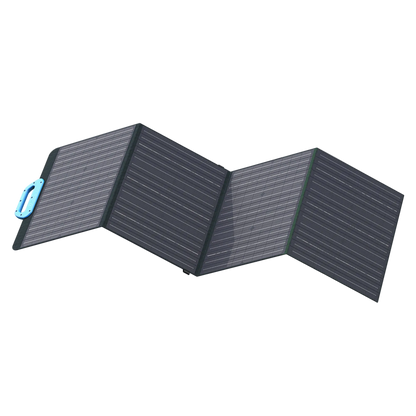 Foldable solar panel with a blue handle on a white background.