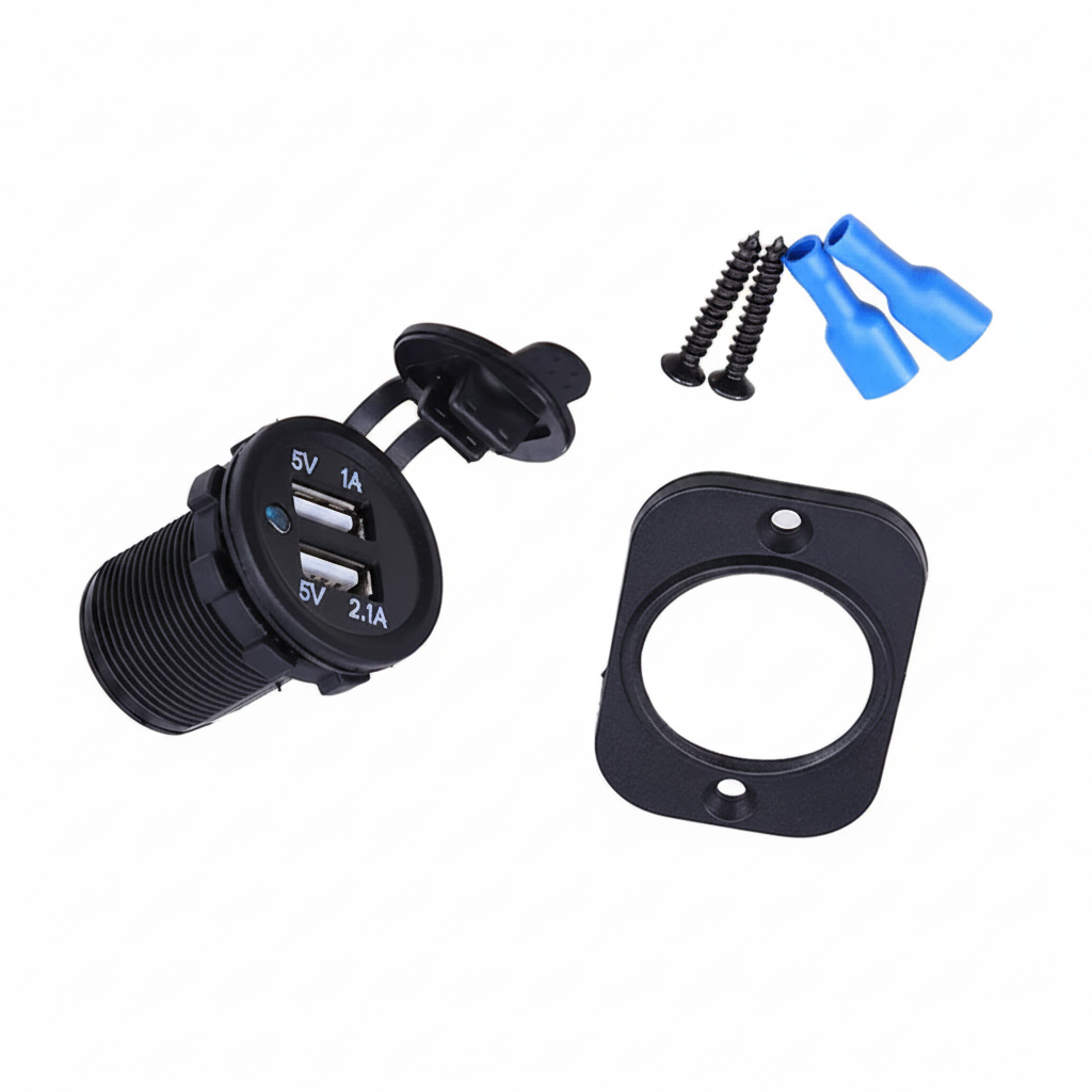 Black USB socket with mounting bracket, screws, and blue connectors on a white background