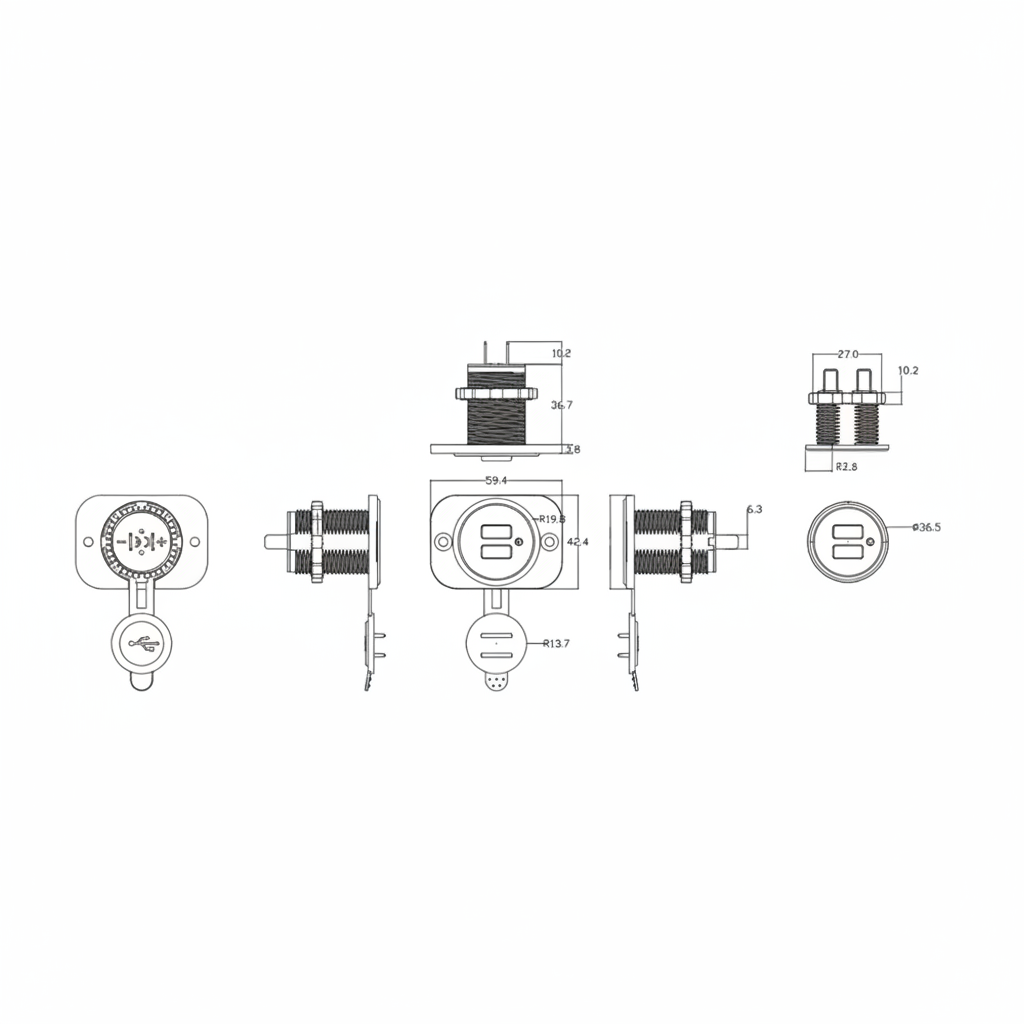 Technical drawing of a Dual USB charger on a white background
