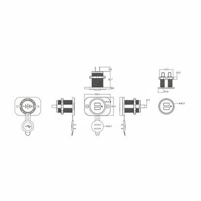 Technical drawing of a Dual USB charger on a white background