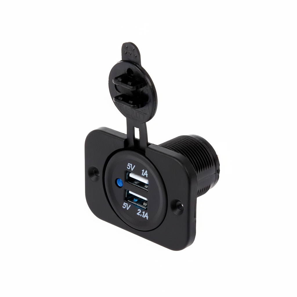 Black USB socket with dual ports on a white background