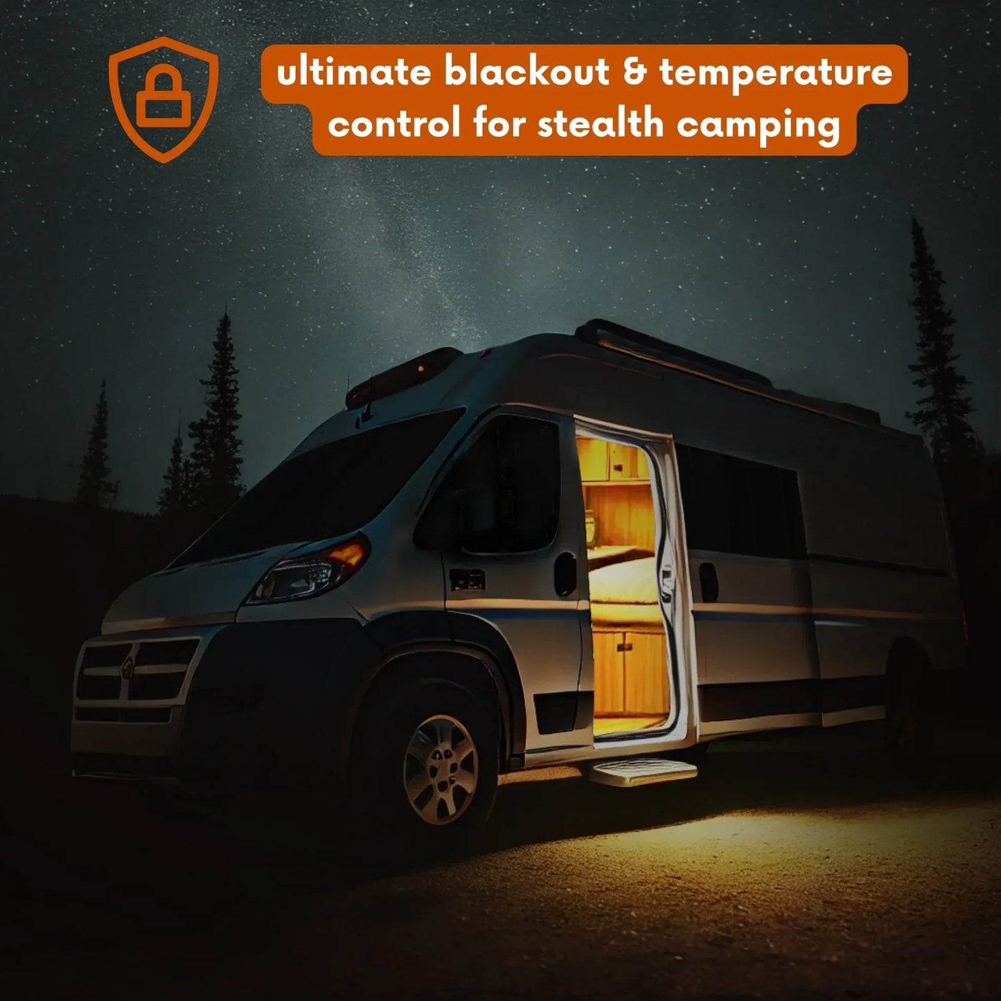 Van with open door in the dark with text about blackout and temperature control for stealth camping.
