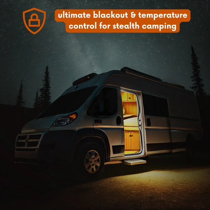 Van with open door in the dark with text about blackout and temperature control for stealth camping.