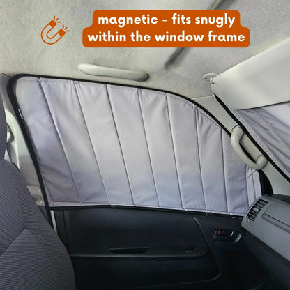 Toyota H200 window shade with text indicating it fits snugly within the window frame.
