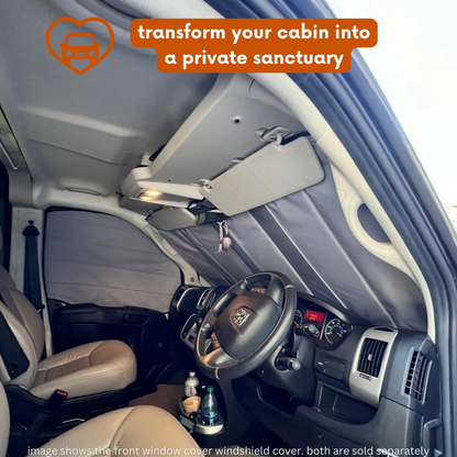 Car interior with a windshield cover and text overlay promoting product transformation.