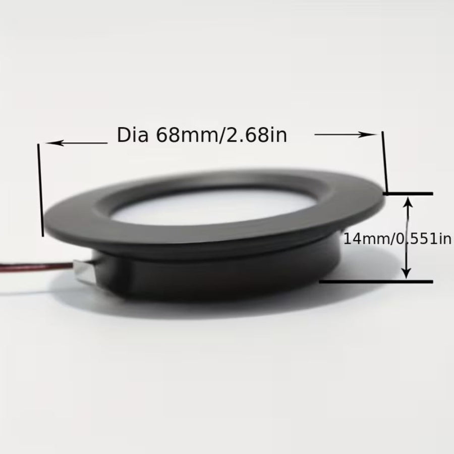 Black circular component with measurements on a white background