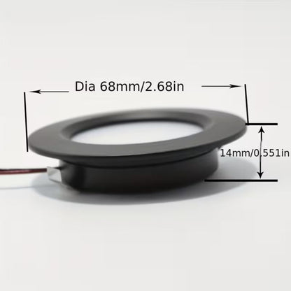 Black circular component with measurements on a white background