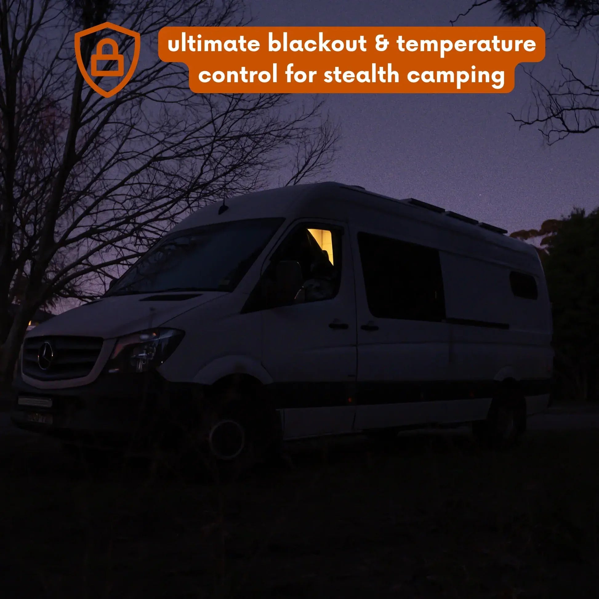 Van in a dark setting with text about blackout and temperature control for stealth camping.