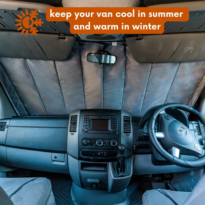 Van interior with dashboard and steering wheel, text overlay about temperature control.