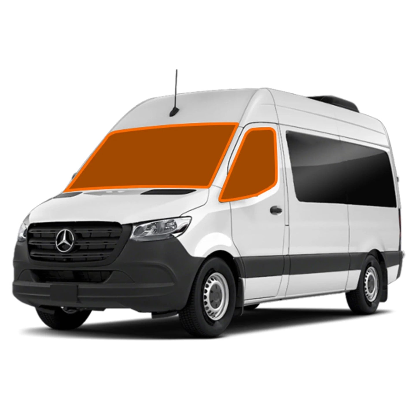 White van with orange accents on a white background