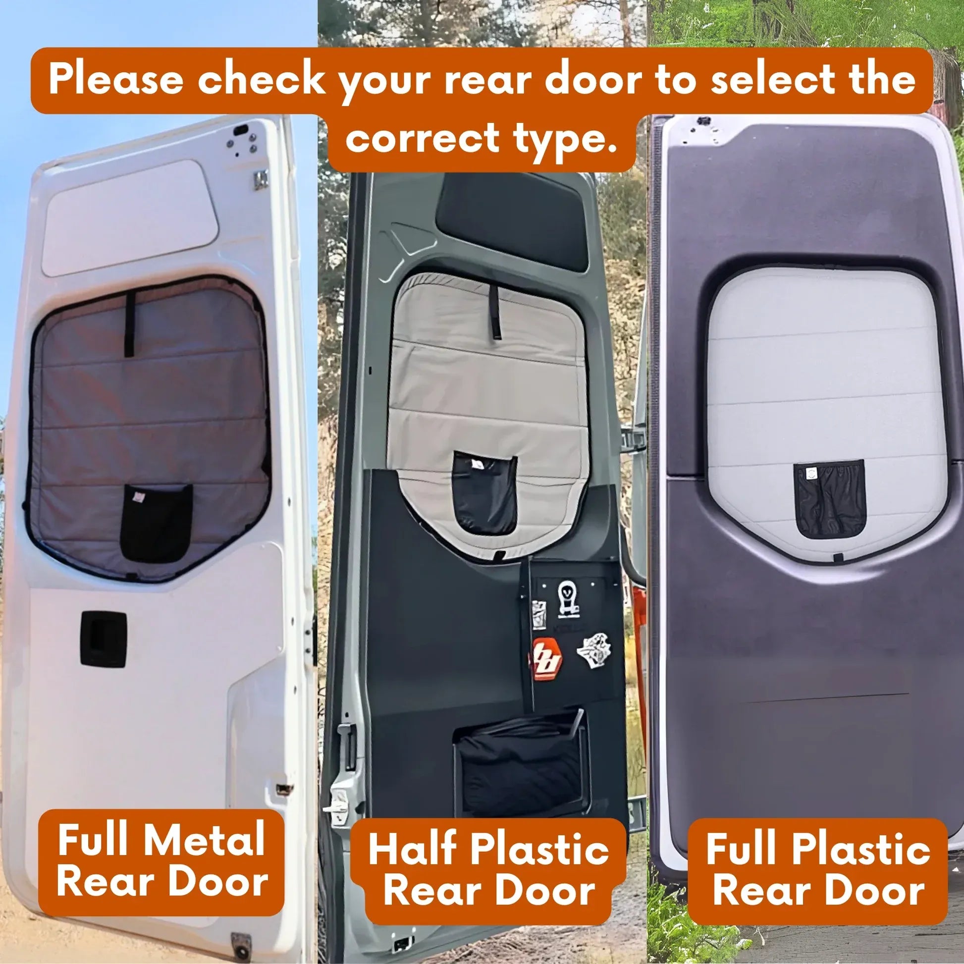 Three types of rear doors labeled 'Full Metal Rear Door', 'Half Plastic Rear Door', and 'Full Plastic Rear Door' with a natural outdoor background.