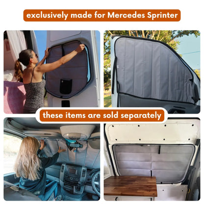 Collection of window covers for all windows on a Mercedes Sprinter.