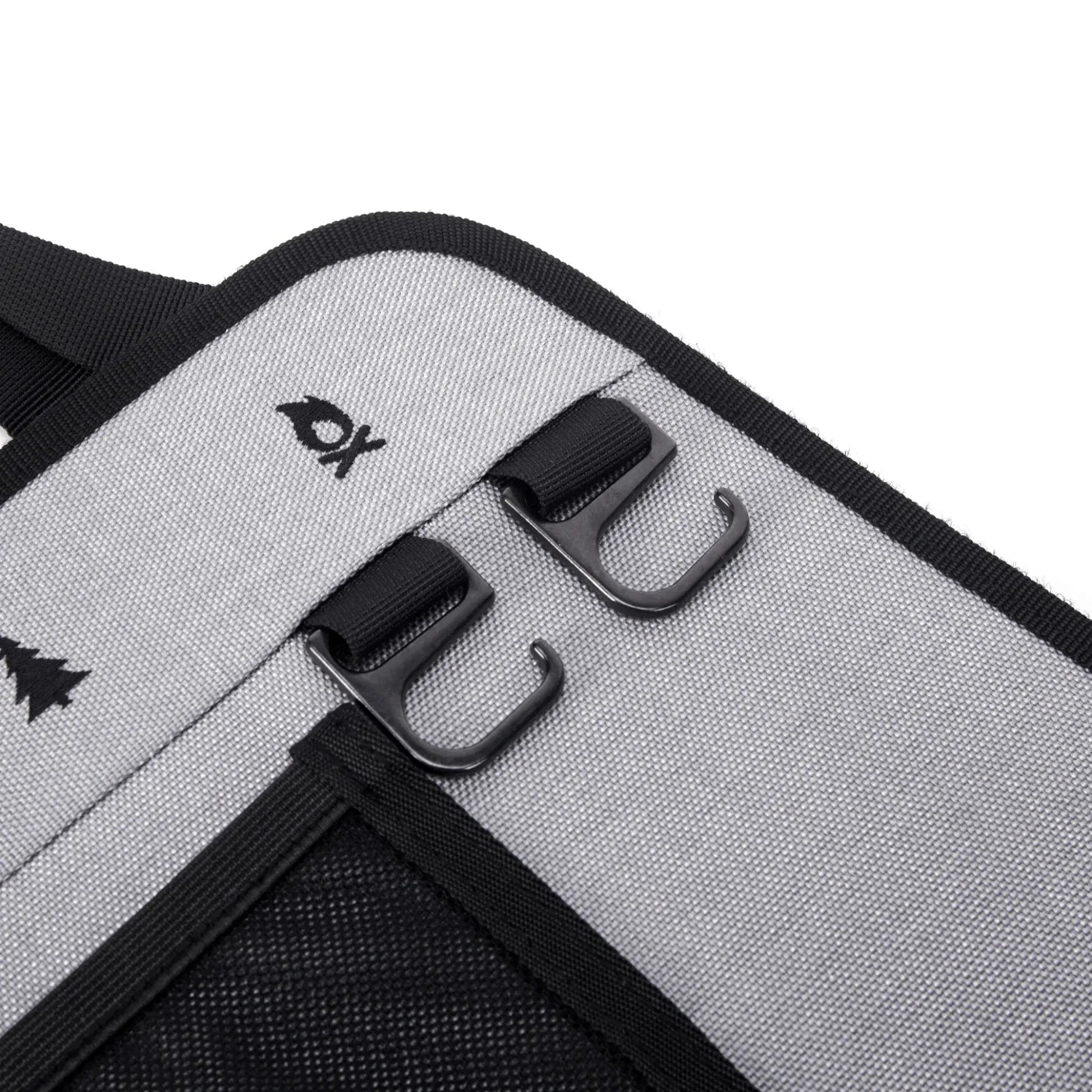 Close-up of a gray bag with black zippers and a logo on a white background
