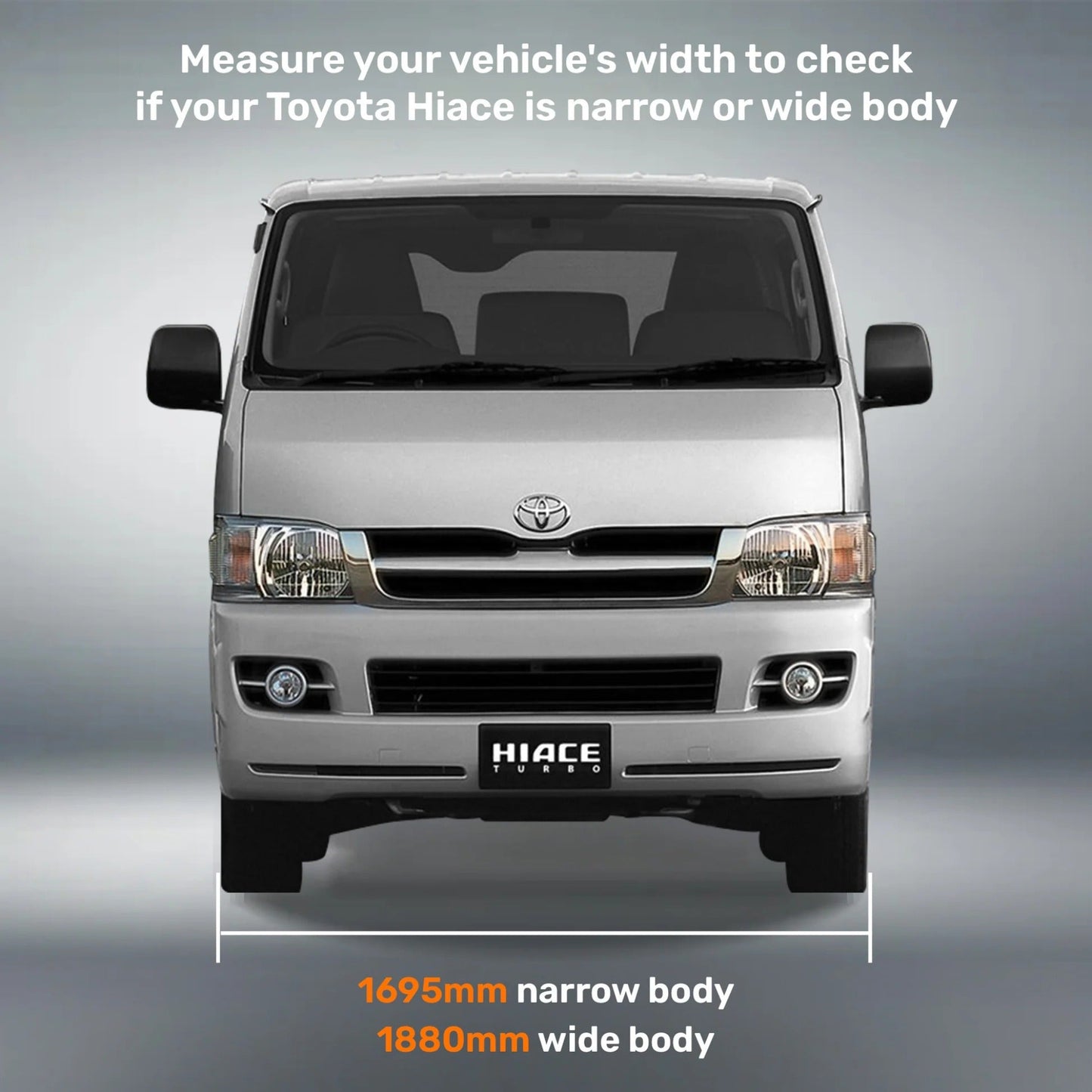 Toyota Hiace van with measurement details on a gray background