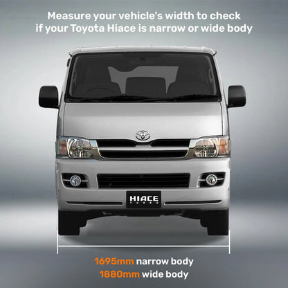 Toyota Hiace van with measurement details on a gray background