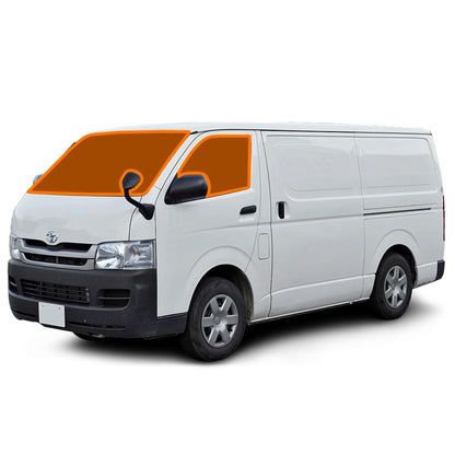 White Toyota van with orange window tint on a white background