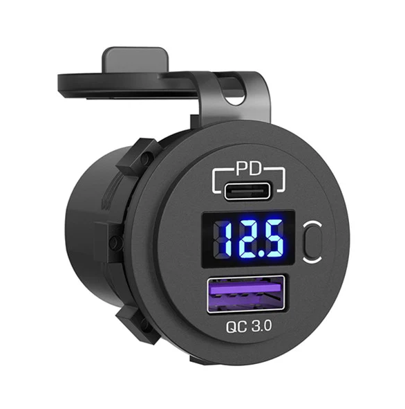Car charger with digital display and USB ports on a white background