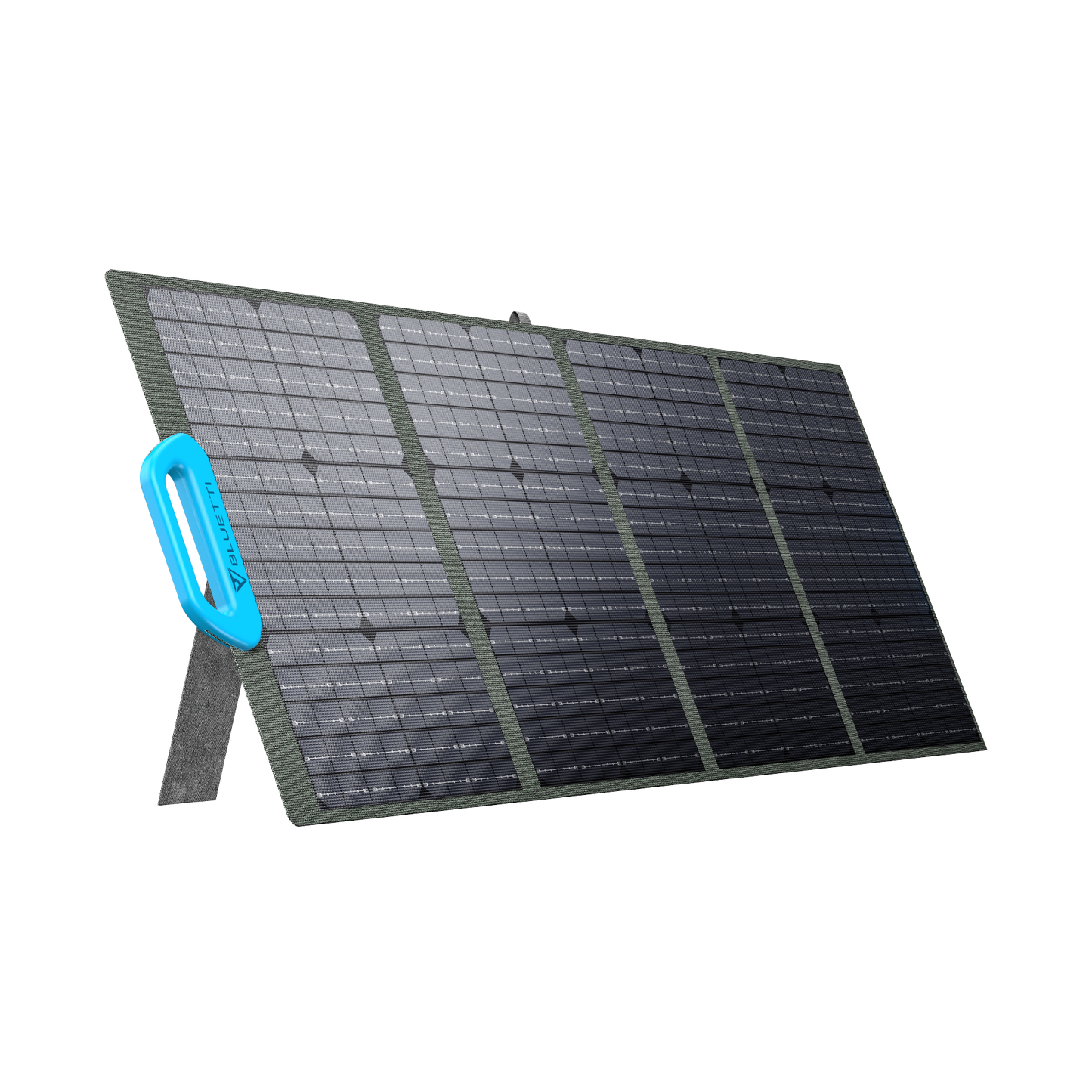Foldable PV120 Bluetti solar panel with a blue handle on a white background.