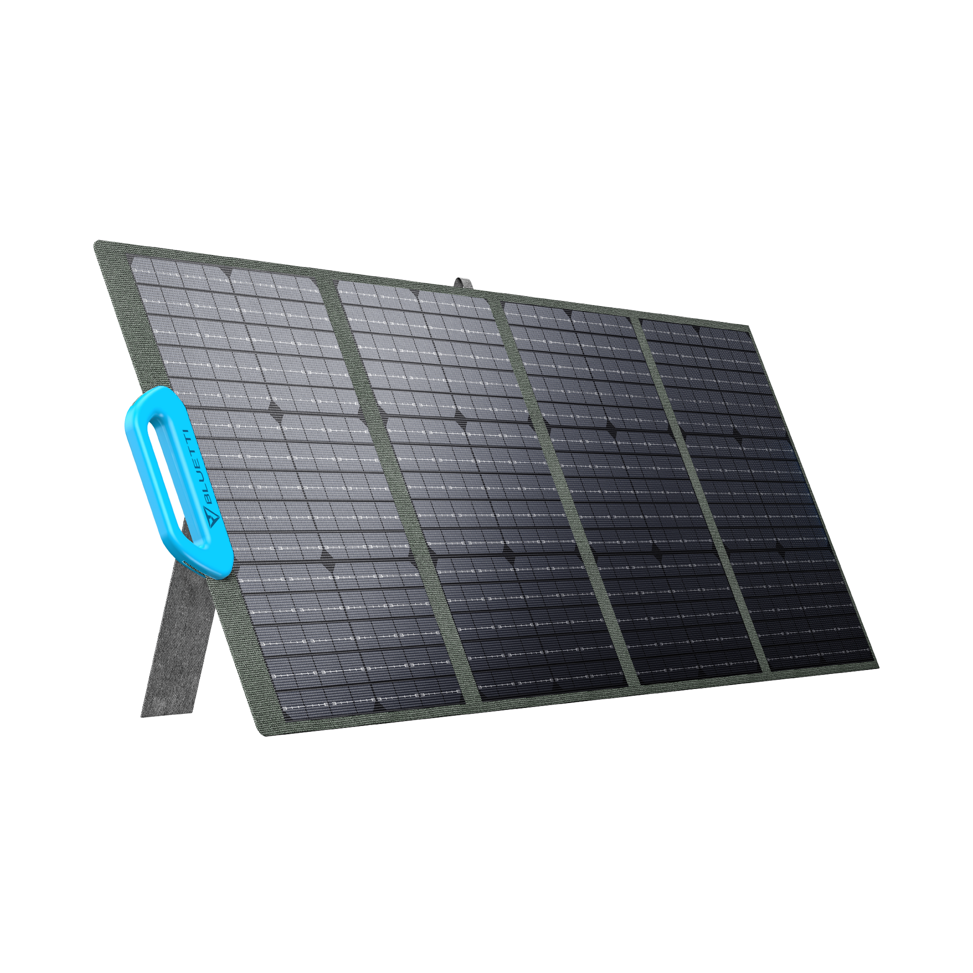Foldable PV120 Bluetti solar panel with a blue handle on a white background.