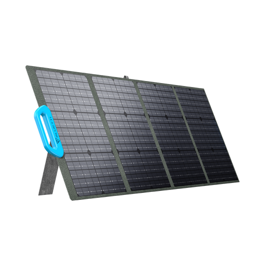 Foldable PV120 Bluetti solar panel with a blue handle on a white background.