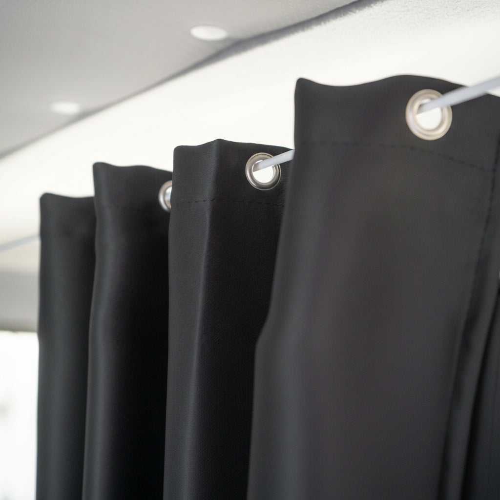 Black curtains with silver rings on a white background