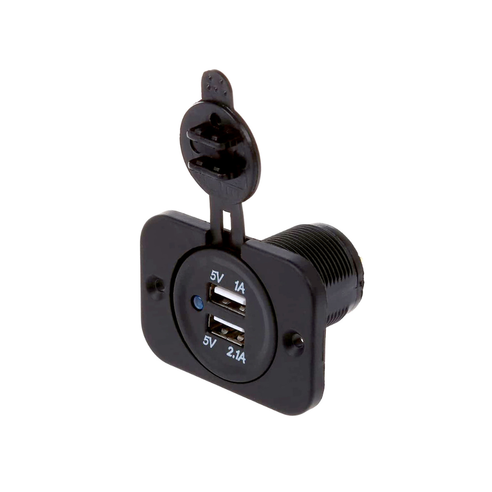 Black USB socket with dual ports on a white background
