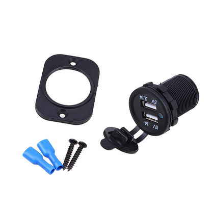 Black USB socket with mounting bracket, screws, and blue connectors on a white background