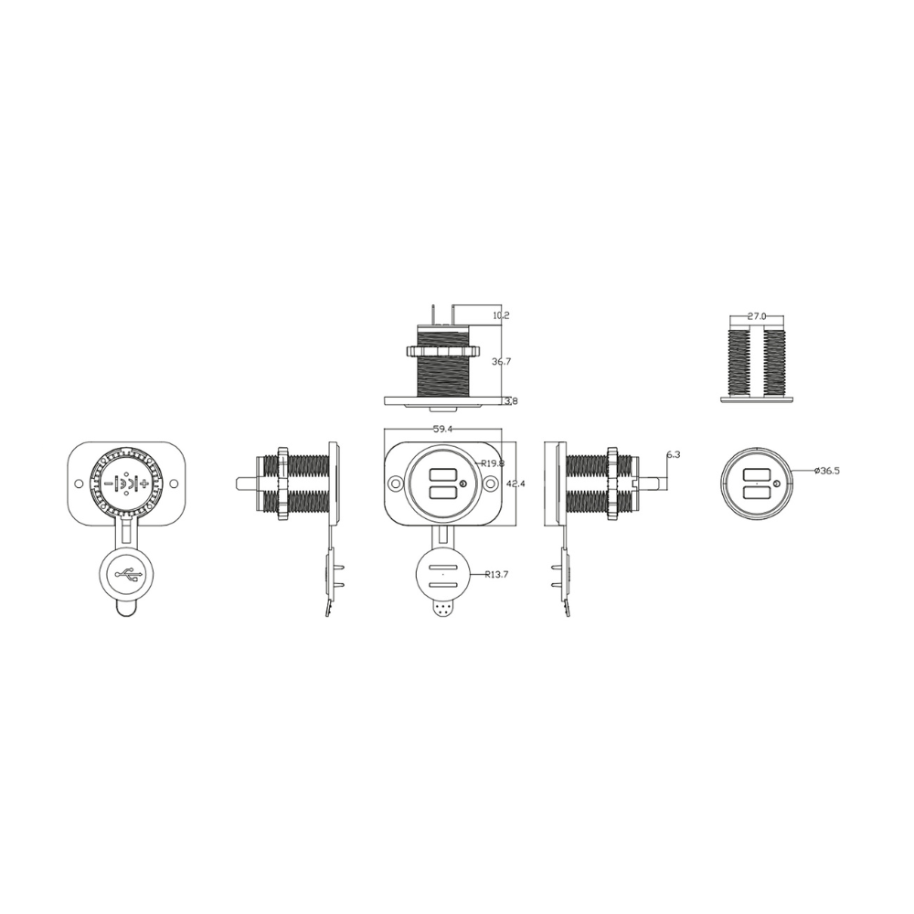 Technical drawing of a Dual USB charger on a white background