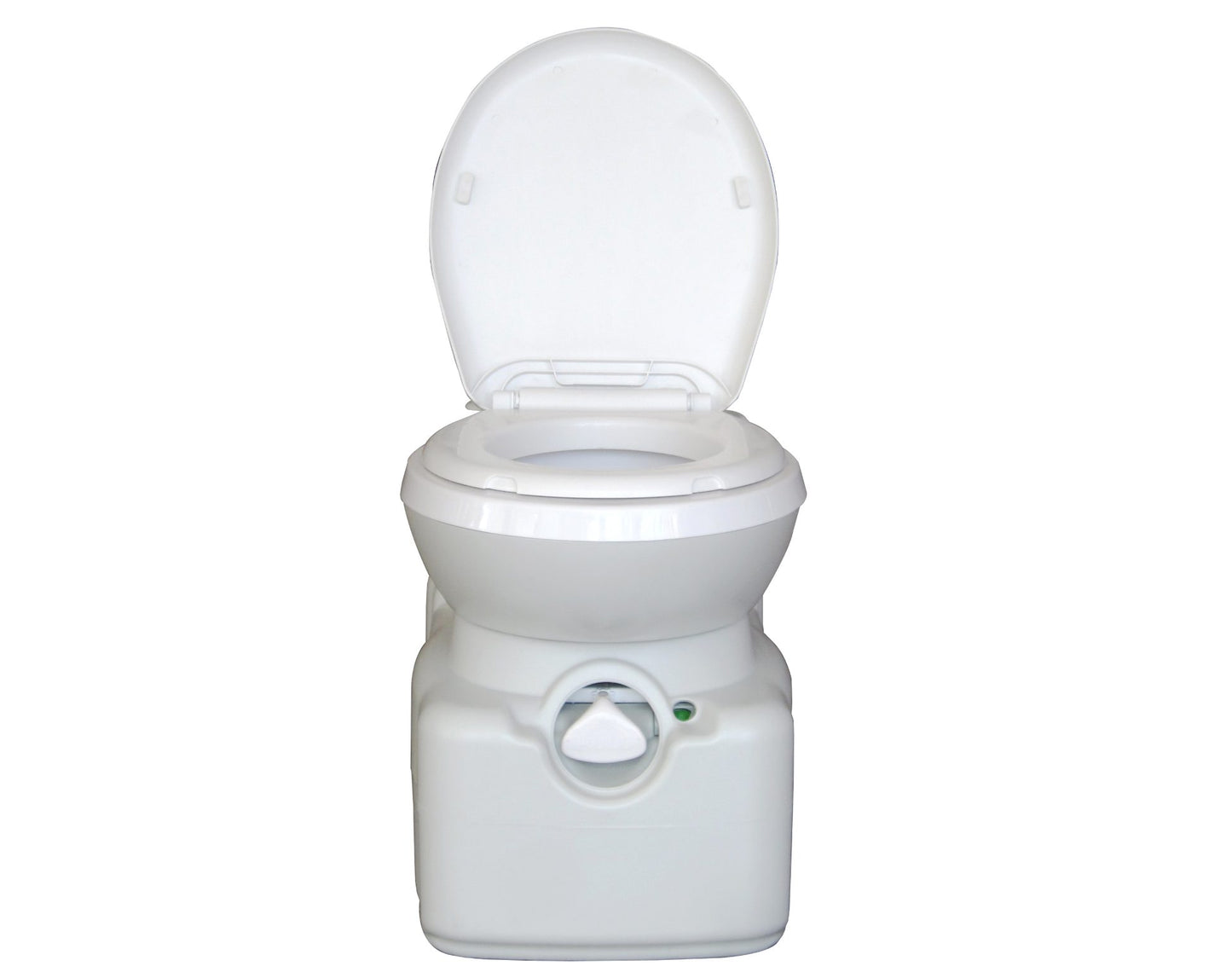A white fixed swivel seat cassette toilet with a closed lid and a visible flushing mechanism.