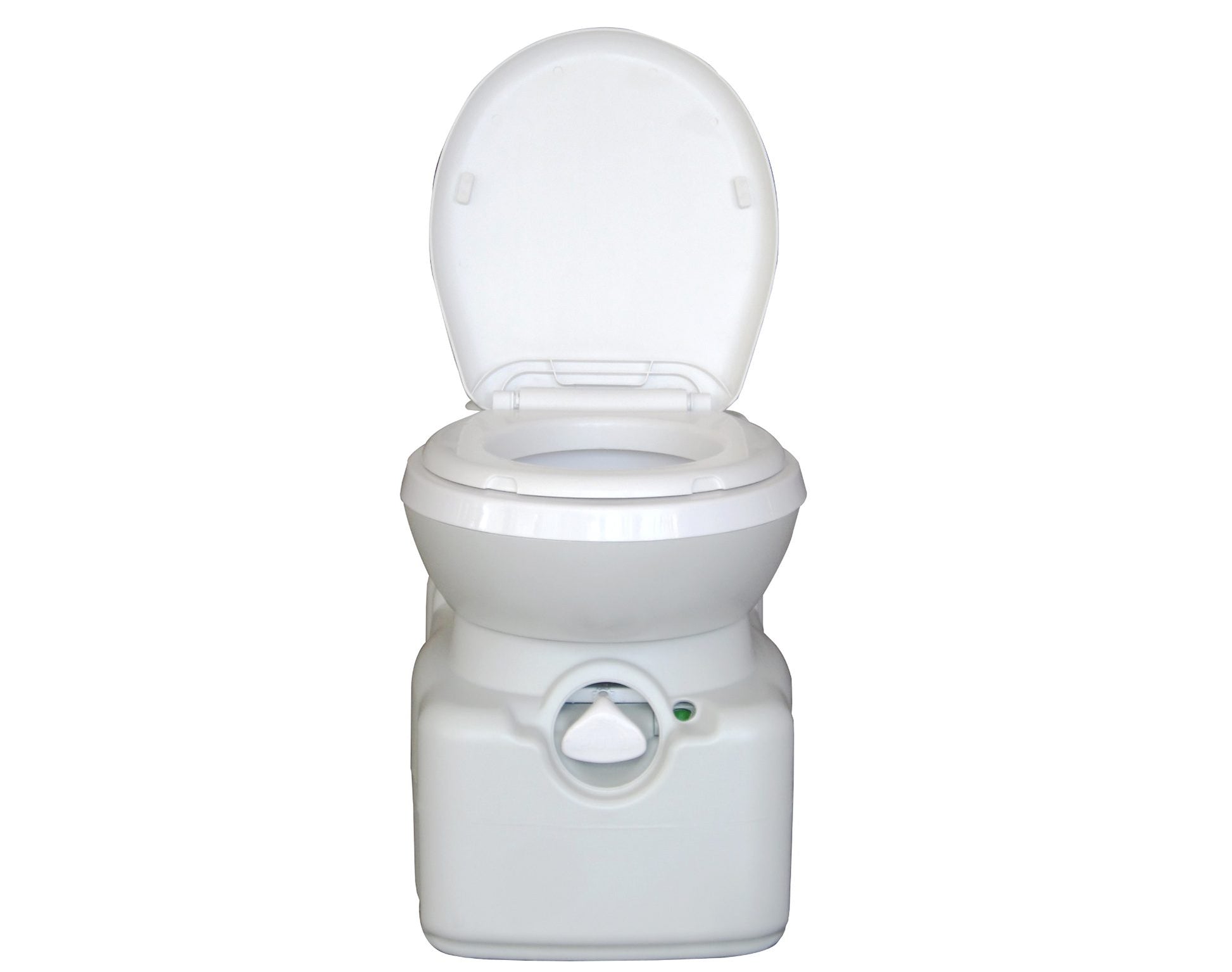 A white fixed swivel seat cassette toilet with a closed lid and a visible flushing mechanism.
