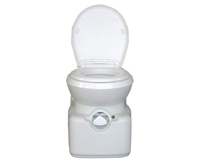 A white fixed swivel seat cassette toilet with a closed lid and a visible flushing mechanism.