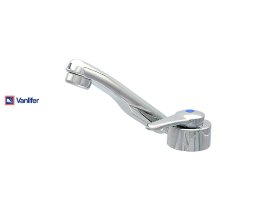 A chrome-plated fold down tap with flow switch, designed for use in vehicles, branded with 'Vanlifer'.