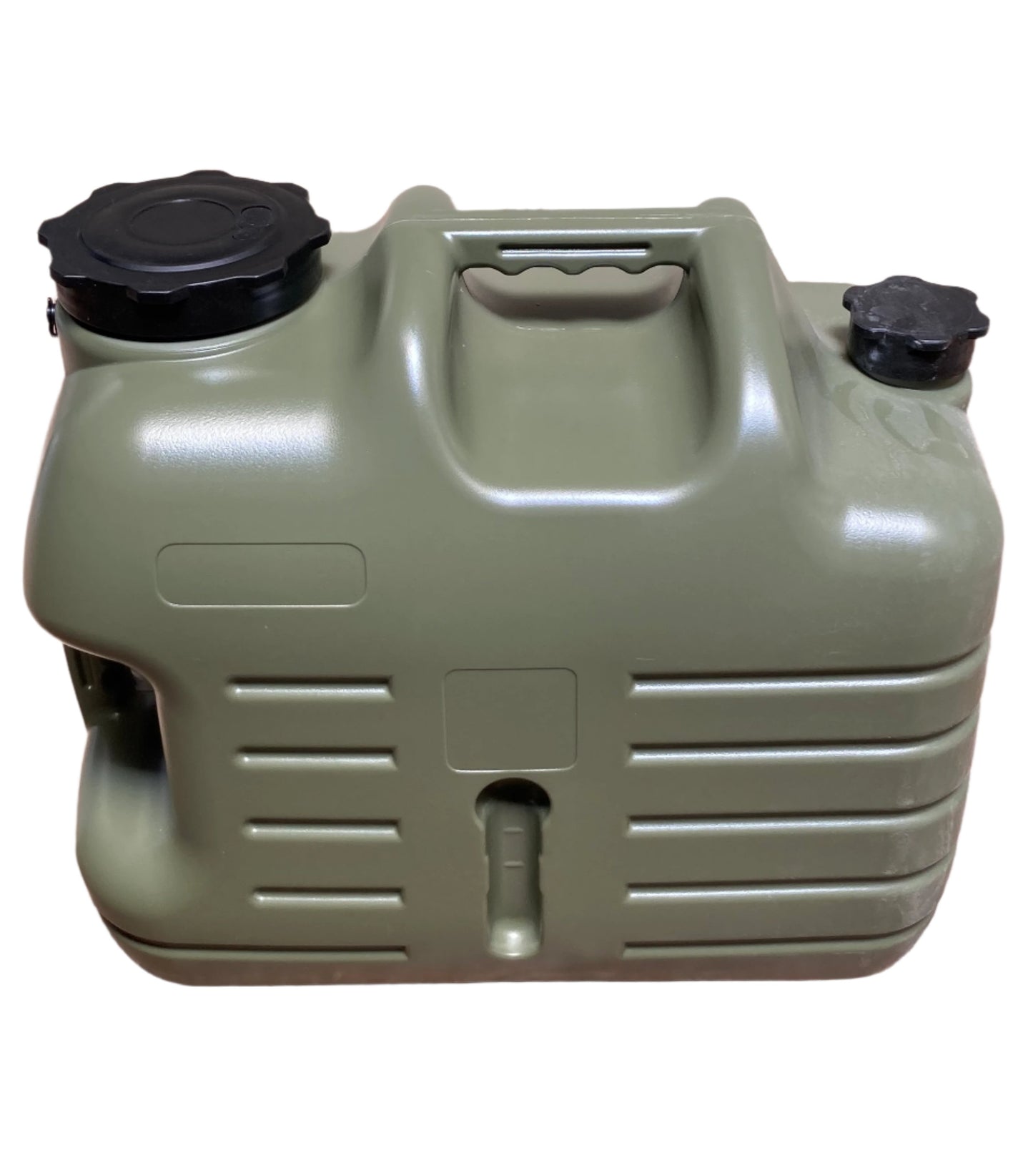 A green 25-liter fresh water tank with a black cap and several outlets.