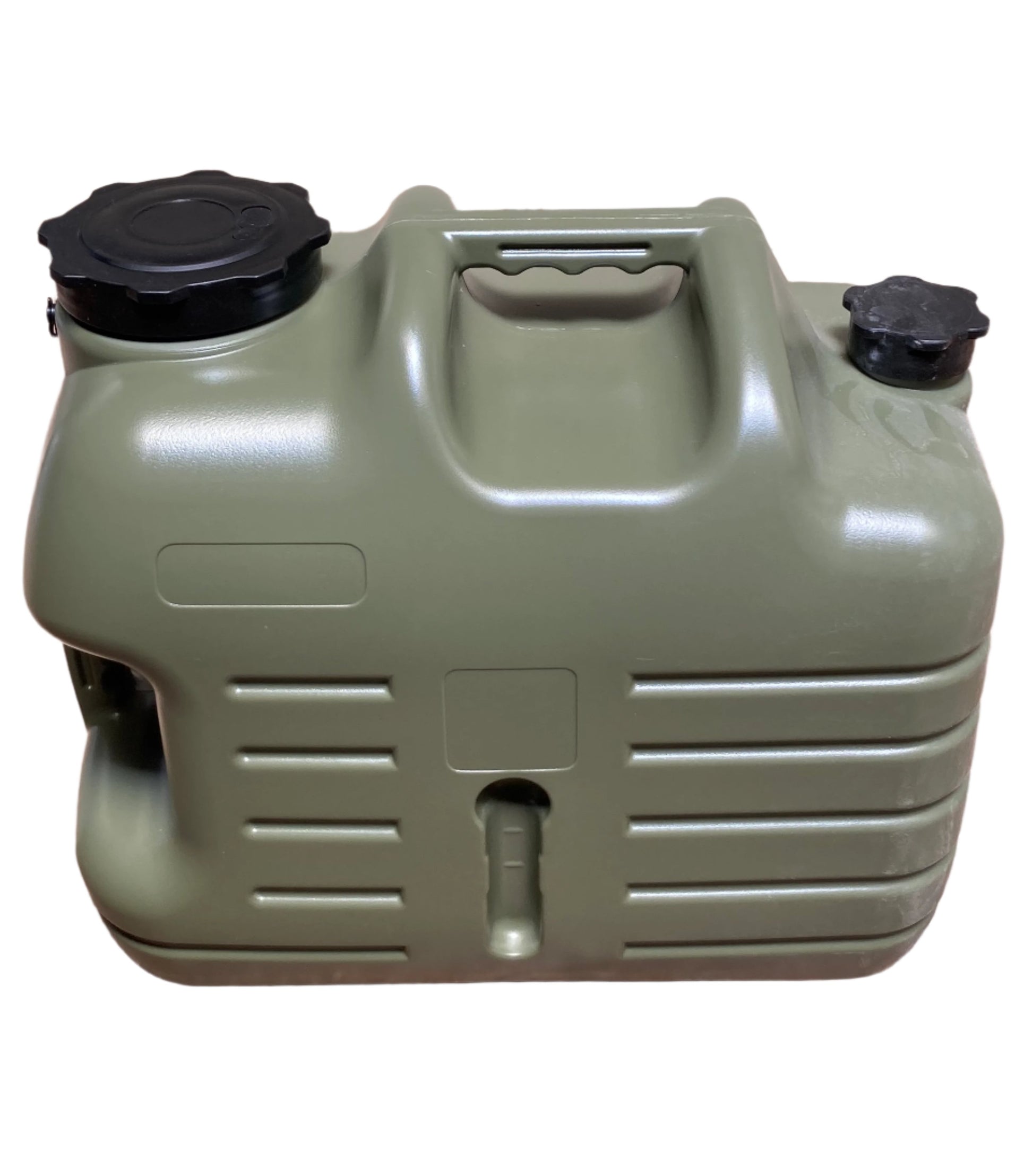 A green 25-liter fresh water tank with a black cap and several outlets.