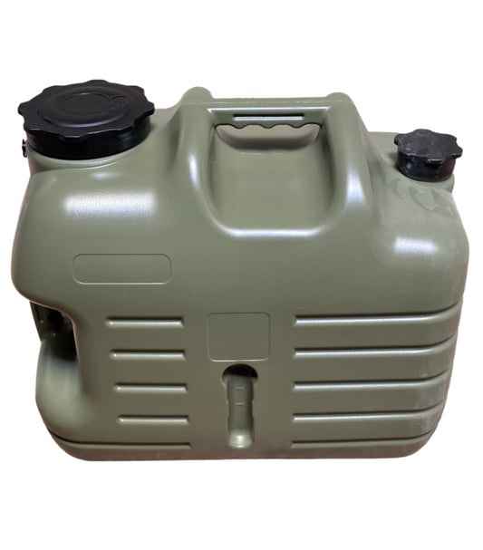 A green 25-liter fresh water tank with a black cap and several outlets.