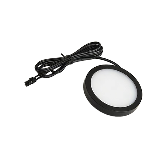A black circular LED ceiling down light with a visible LED component and a branded logo in the corner.