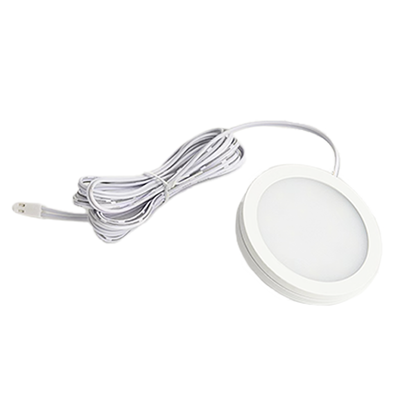 A white circular LED ceiling down light with a visible LED component and a branded logo in the corner.