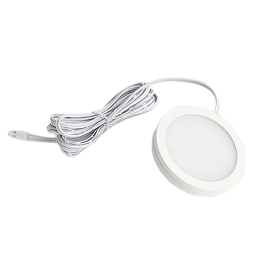 A white circular LED ceiling down light with a visible LED component and a branded logo in the corner.