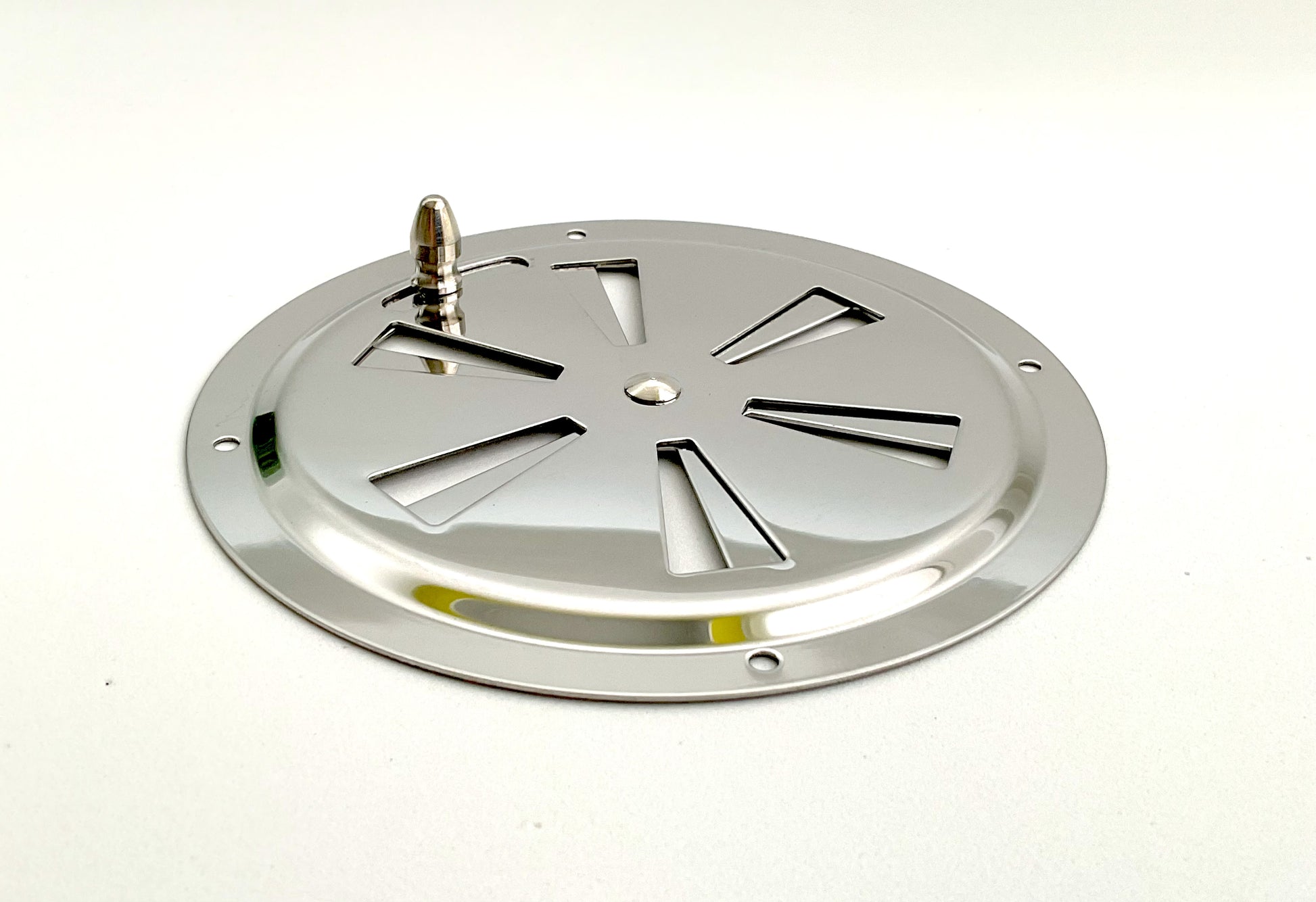 A round stainless steel metal vent with a butterfly louvered design.
