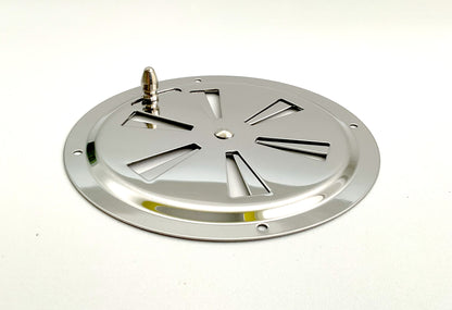 A round stainless steel metal vent with a butterfly louvered design.