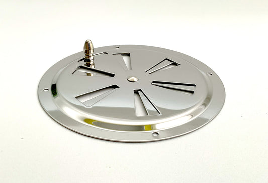A round stainless steel metal vent with a butterfly louvered design.