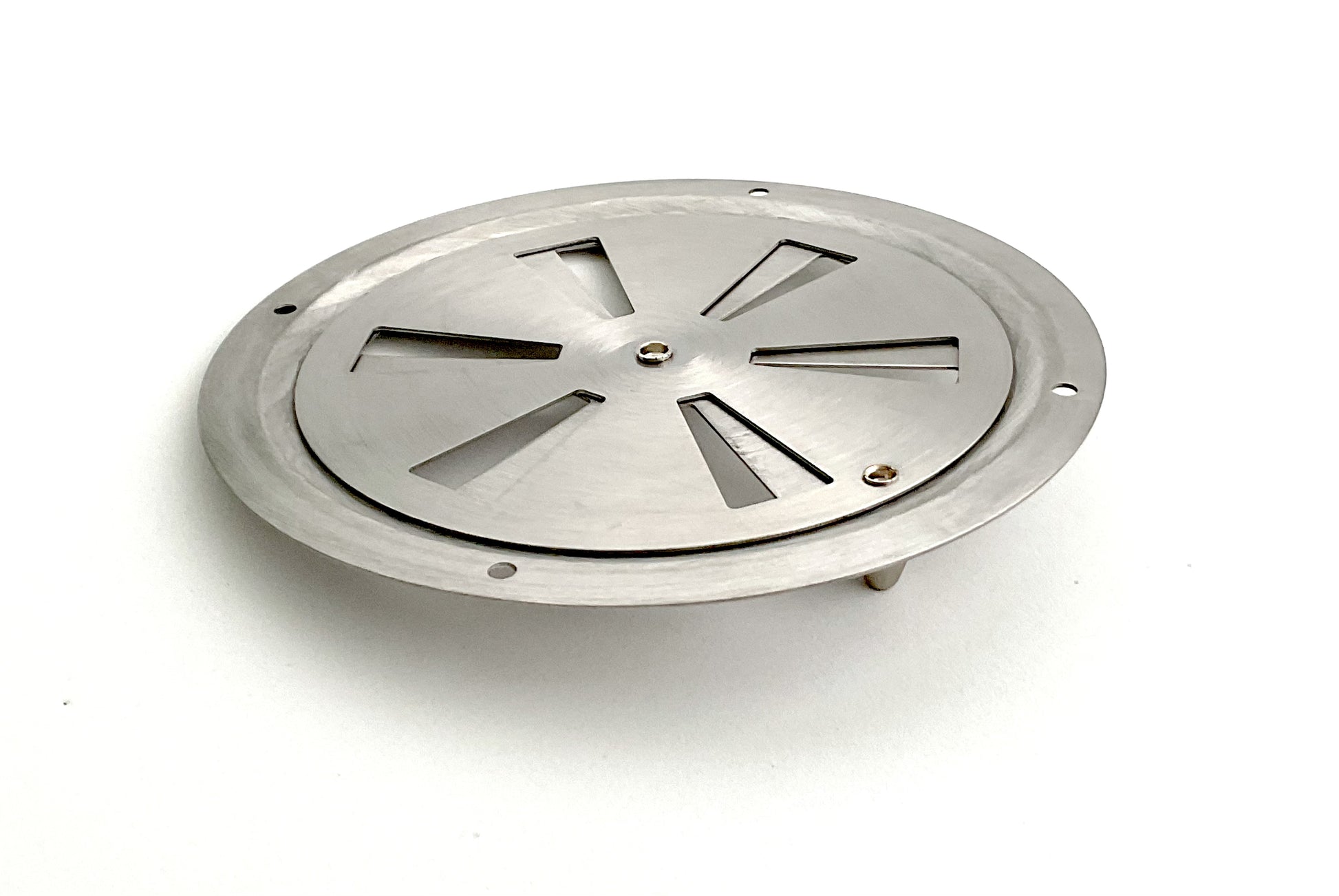 A round stainless steel metal vent with a butterfly louvered design.