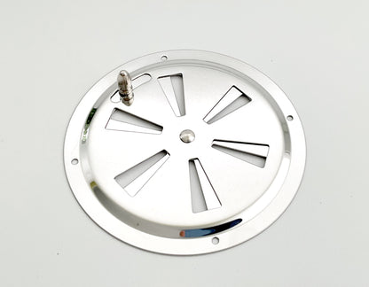 A round stainless steel metal vent with a butterfly louvered design.