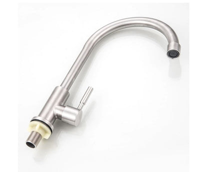 A stainless steel single handle cold water faucet with a flexible rotatable spout.
