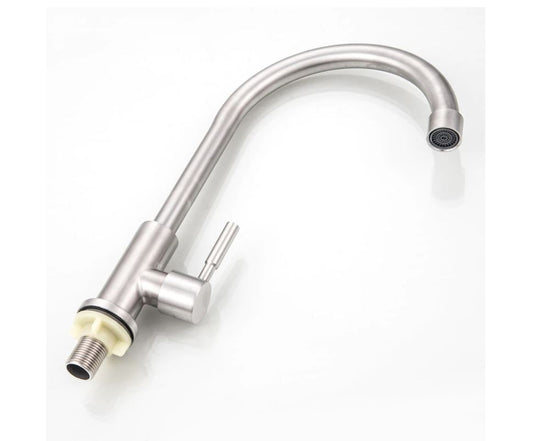 A stainless steel single handle cold water faucet with a flexible rotatable spout.