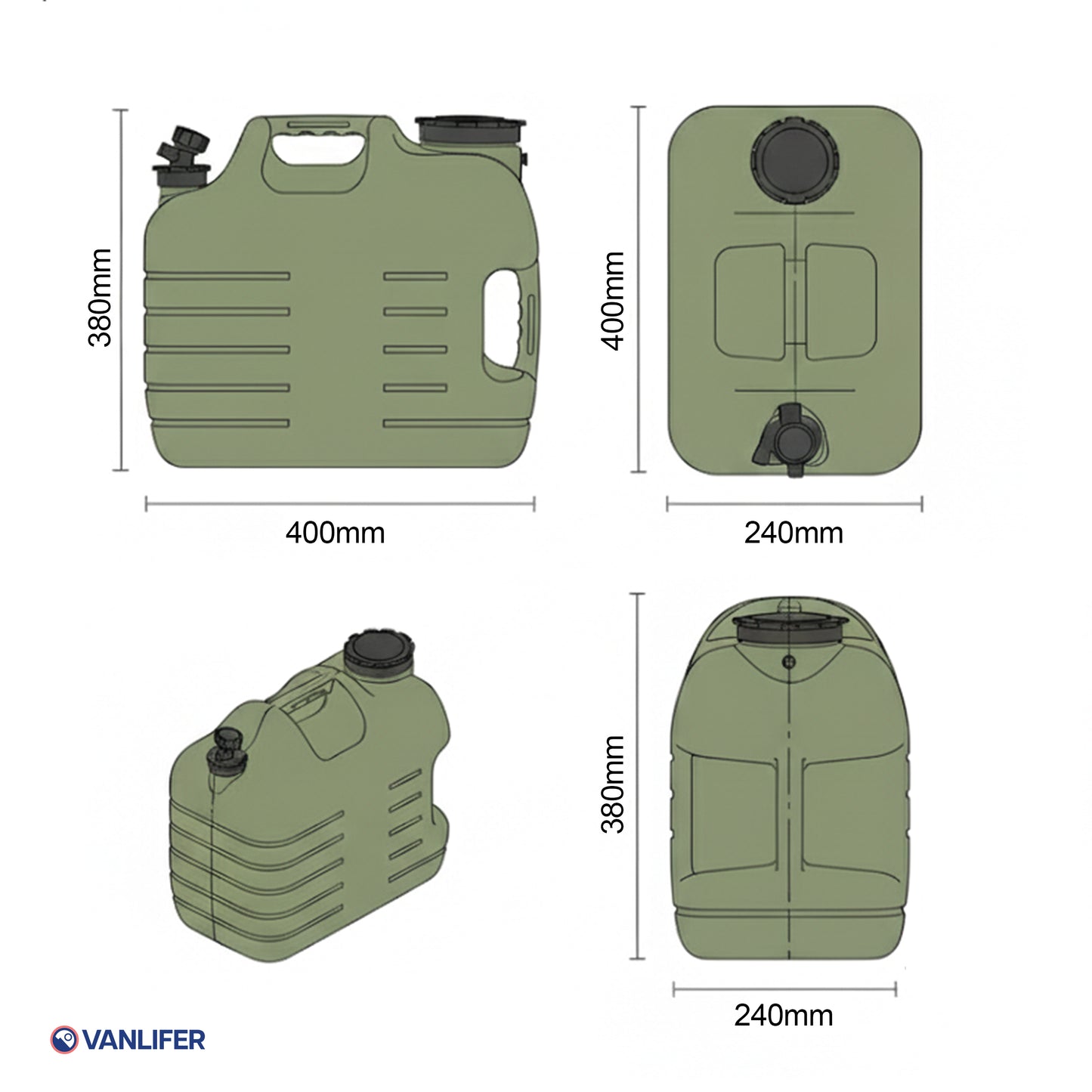 Green self containment water tank with dimensions labeled on a white background, featuring the Vanlifer brand. 25L drinking
