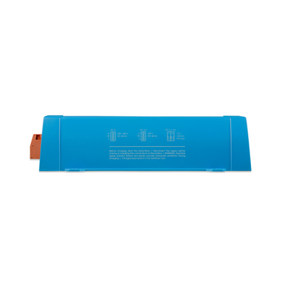 Blue battery pack with text on a white background